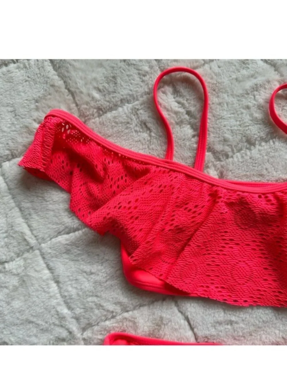 Xhilaration | Neon Coral Lace Ruffle Bikini Swimsuit Set | Size Medium (7/8)
